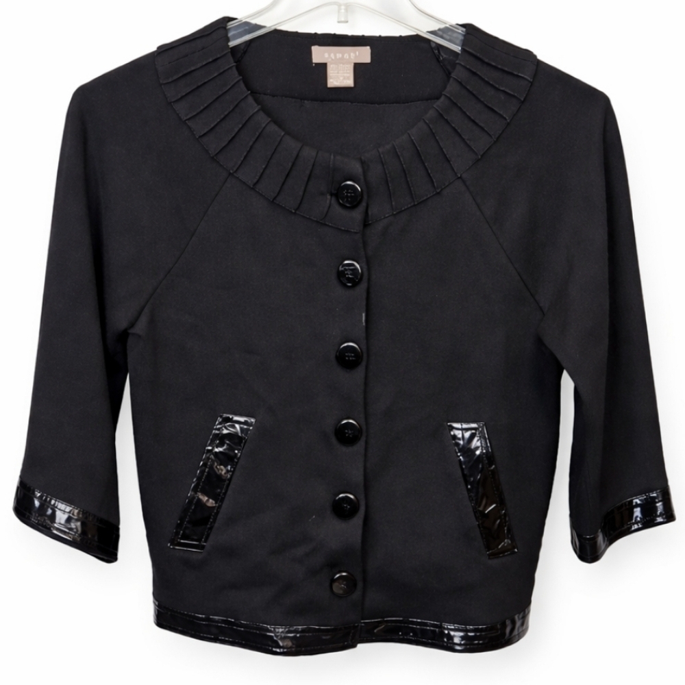 Kenar Black Cropped Button Up Jacket With Patent Leather Accents Sz 8